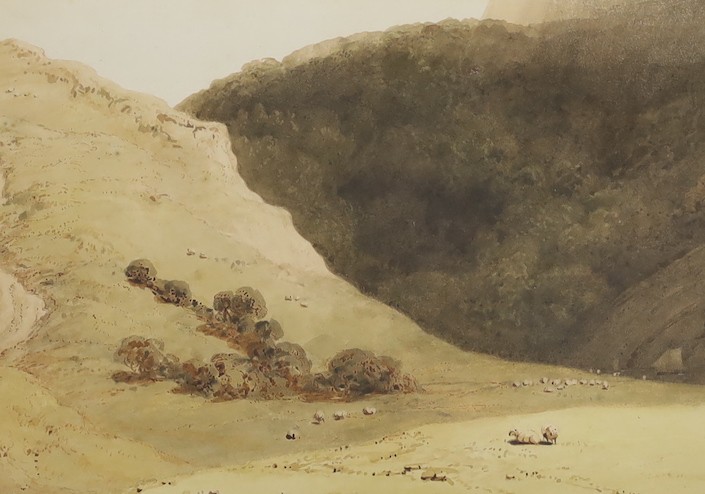 Richard Westall (1756-1836), watercolour, An open landscape with sheep and hills, initialled, 18 x 25cm